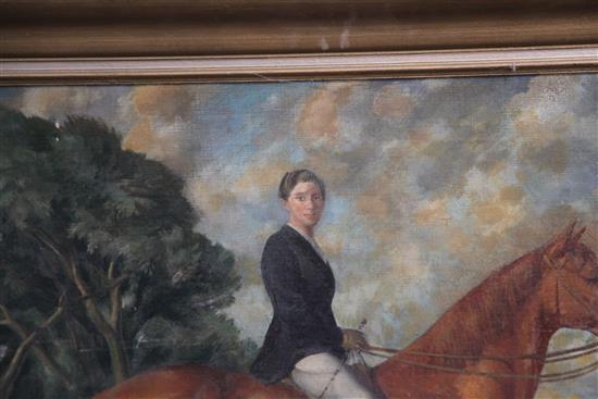 Modern British Portrait of an equestrienne with dogs in a landscape 28 x 36in.